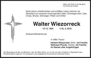 Traueranzeige von Walter Wiezorreck von Ansbach