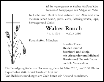 Traueranzeige von Walter Rauch von Neustadt/ Scheinfeld/ Uffenheim