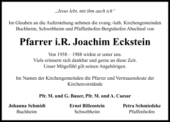 Traueranzeige von Joachim Eckstein von Neustadt/ Scheinfeld/ Uffenheim