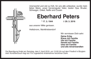 Traueranzeige von Eberhard Peters von Ansbach