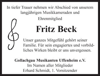 Traueranzeige von Fritz Beck von Neustadt/ Scheinfeld/ Uffenheim