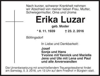 Traueranzeige von Erika Luzar von Ansbach