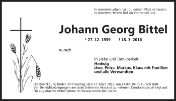 Traueranzeige von Johann Georg Bittel von Ansbach