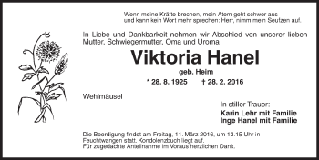 Traueranzeige von Viktoria Hanel von Dinkelsbühl/ Feuchtwangen