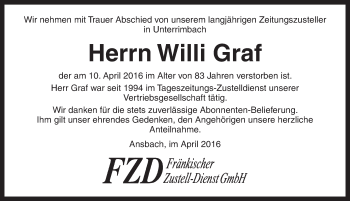 Traueranzeige von Willi Graf von Neustadt/ Scheinfeld/ Uffenheim