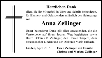 Traueranzeige von Anna Zeilinger von Neustadt/ Scheinfeld/ Uffenheim