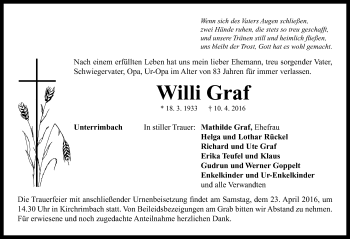 Traueranzeige von Willi Graf von Neustadt/ Scheinfeld/ Uffenheim