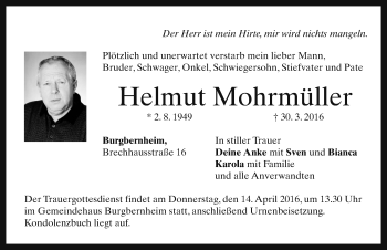 Traueranzeige von Helmut Mohrmüller von Neustadt/ Scheinfeld/ Uffenheim