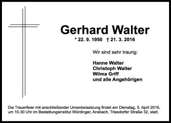 Traueranzeige von Gerhard Walter von Ansbach