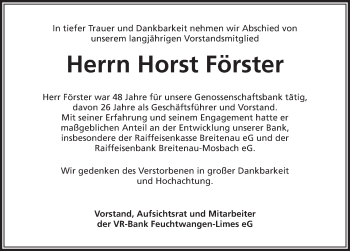 Traueranzeige von Horst Förster von Dinkelsbühl/ Feuchtwangen