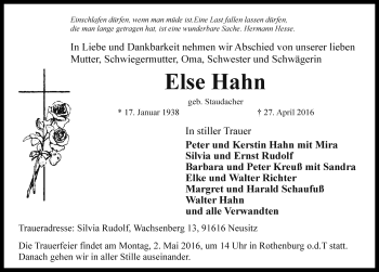 Traueranzeige von Else Hahn von Rothenburg