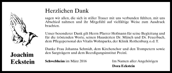 Traueranzeige von Joachim Eckstein von Neustadt/ Scheinfeld/ Uffenheim