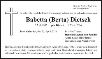 Traueranzeige von Babetta Berta Dietsch von Neustadt/ Scheinfeld/ Uffenheim