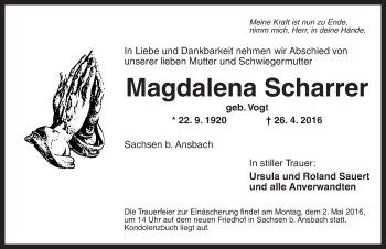 Traueranzeige von Magdalena Scharrer von Ansbach