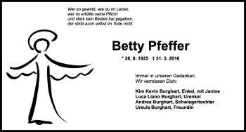 Traueranzeige von Betty Pfeffer von Ansbach