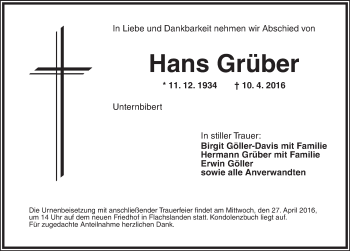 Traueranzeige von Hans Grüber von Ansbach