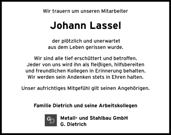 Traueranzeige von Johann Lassel von Neustadt/ Scheinfeld/ Uffenheim