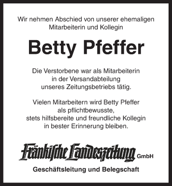 Traueranzeige von Betty Pfeffer von Ansbach