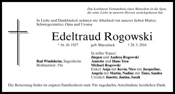 Traueranzeige von Edeltraud Rogowski von Neustadt/ Scheinfeld/ Uffenheim