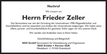 Traueranzeige von Frieder Zeller von Dinkelsbühl/ Feuchtwangen