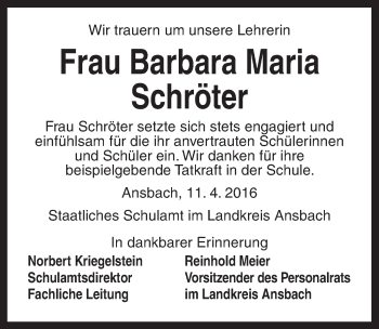 Traueranzeige von Barbara Maria Schröter von Ansbach