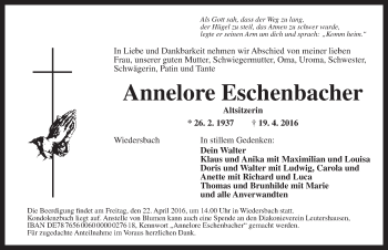 Traueranzeige von Annelore Eschenbacher von Ansbach