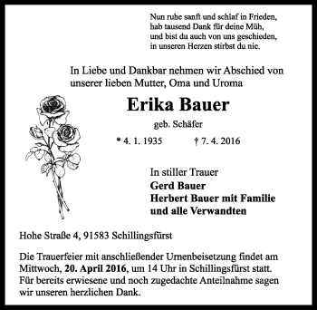 Traueranzeige von Erika Bauer von Rothenburg