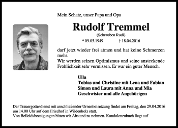 Traueranzeige von Rudolf  Tremmel von Dinkelsbühl/ Feuchtwangen