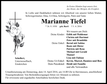 Traueranzeige von Marianne Tiefel von Neustadt/ Scheinfeld/ Uffenheim