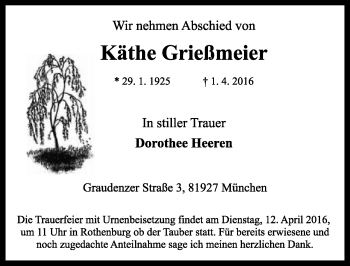 Traueranzeige von Käthe Grießmeier von Rothenburg