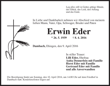 Traueranzeige von Erwin Eder von Dinkelsbühl/ Feuchtwangen