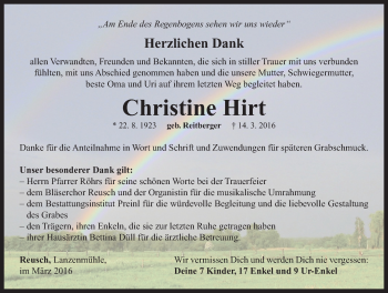 Traueranzeige von Christine Hirt von Neustadt/ Scheinfeld/ Uffenheim