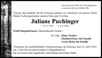 Traueranzeige von Juliane Puchinger von Neustadt/ Scheinfeld/ Uffenheim