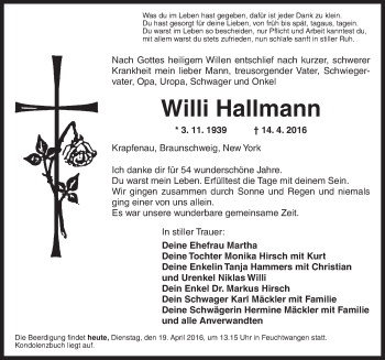 Traueranzeige von Willi Hallmann von Dinkelsbühl/ Feuchtwangen