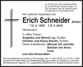 Traueranzeige von Erich Schneider von Ansbach