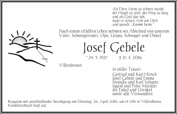 Traueranzeige von Josef Gebele von Dinkelsbühl/ Feuchtwangen