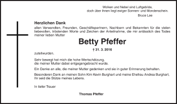 Traueranzeige von Betty Pfeffer von Ansbach