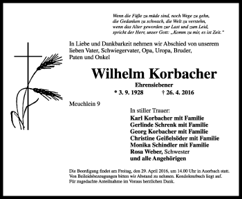 Traueranzeige von Wilhelm Korbache von Rothenburg