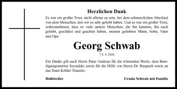 Traueranzeige von Georg Schwab von Neustadt/ Scheinfeld/ Uffenheim