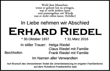 Traueranzeige von Erhard Riedel von Dinkelsbühl/ Feuchtwangen