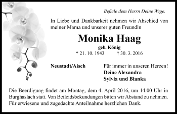 Traueranzeige von Monika Haag von Neustadt/ Scheinfeld/ Uffenheim