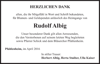 Traueranzeige von Rudolf Albig von Neustadt/ Scheinfeld/ Uffenheim