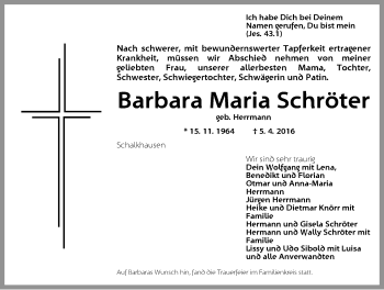 Traueranzeige von Barbara Maria Schröter von Ansbach