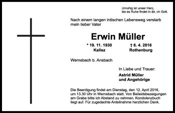 Traueranzeige von Erwin Müller von Ansbach