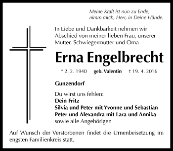 Traueranzeige von Erna Engelbrecht von Neustadt/ Scheinfeld/ Uffenheim