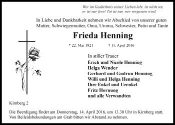 Traueranzeige von Frieda Henning von Rothenburg