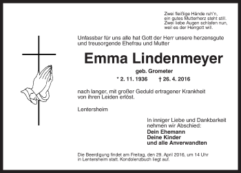 Traueranzeige von Emma Lindenmeyer von Dinkelsbühl/ Feuchtwangen