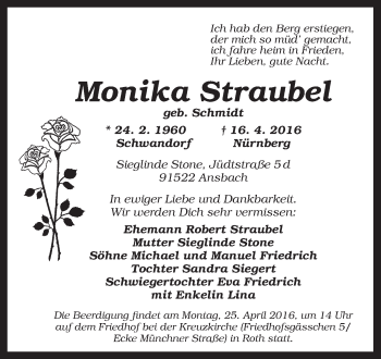 Traueranzeige von Monika Straubel von Ansbach