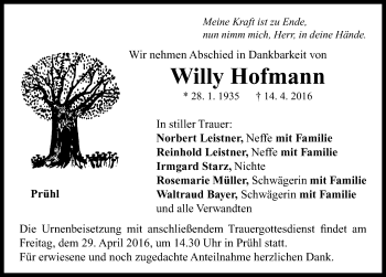 Traueranzeige von Willy Hofmann von Neustadt/ Scheinfeld/ Uffenheim