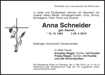 Traueranzeige von Anna Schneider von Ansbach